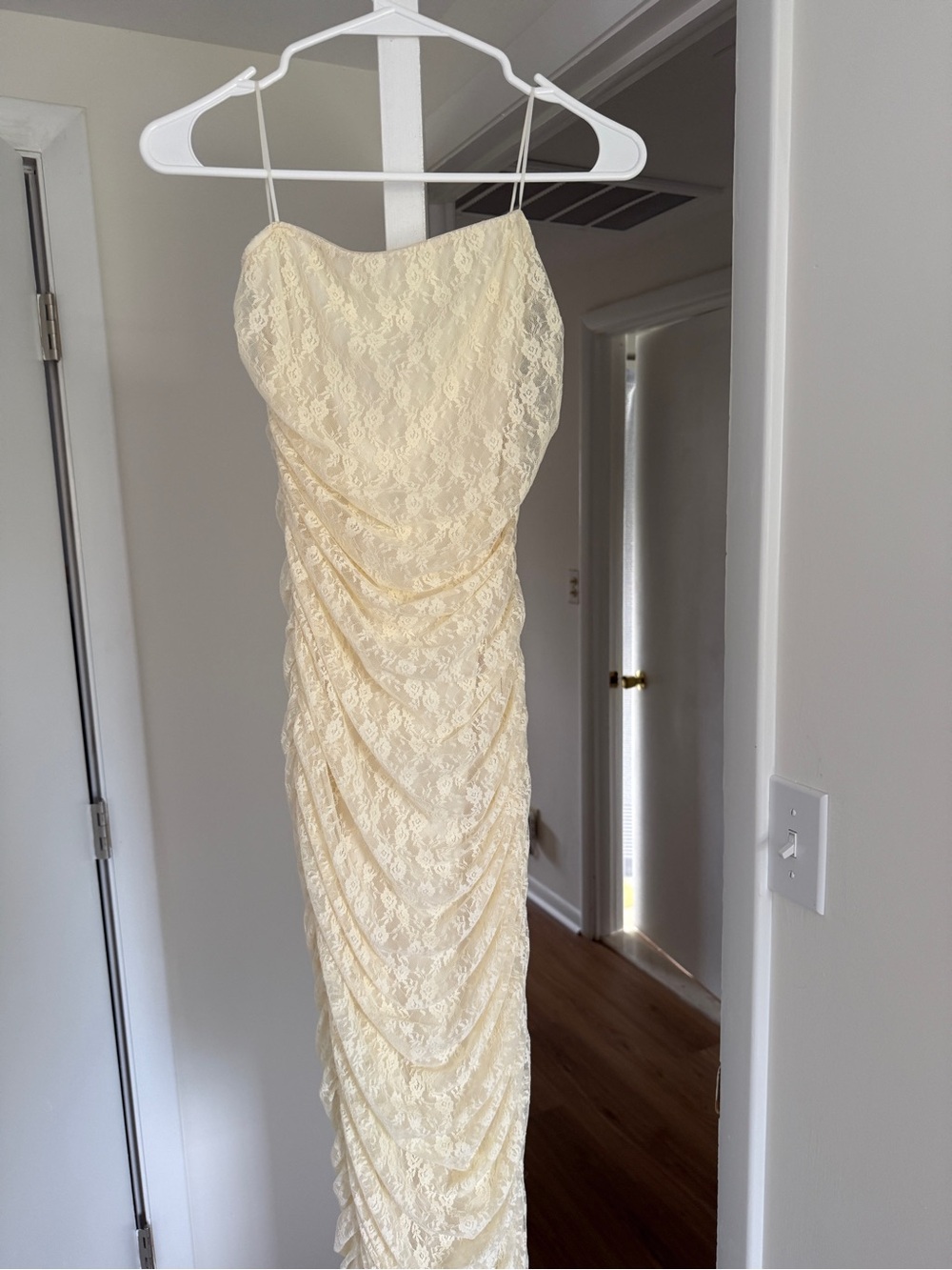 Windsor Strapless Lace Ruched Dress in Ivory